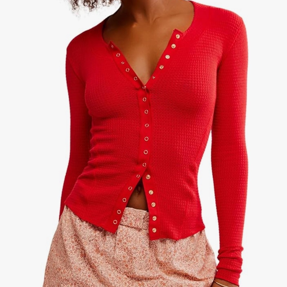 Free People Red Waffle Knit Snap-Front Long Sleeve Top / Cardigan